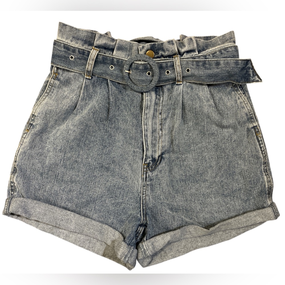 Forever 21 Los Angeles High Waist Belted Denim Shorts Large Medium/Light Wash